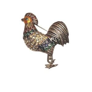 Rooster Brooch Enamel Rhinestone Standing Silver Tone Multicolor Pin